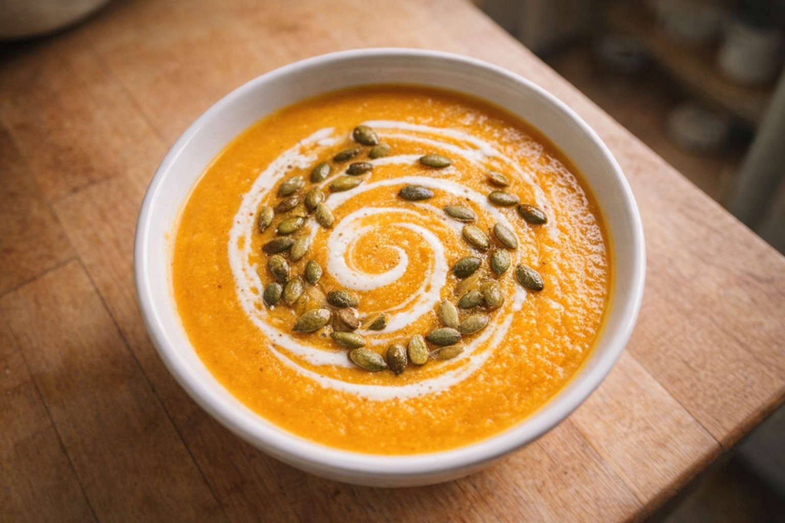 A top-down, brightly lit shot of creamy butternut squash soup in a white bowl, garnished with a swirl of cream and toasted pumpkin seeds
